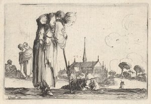 Platte 10: eine Bäuerin nach rechts gewandt mit einem Kind auf dem Rücken, ein Junge lie..., ca. 1642