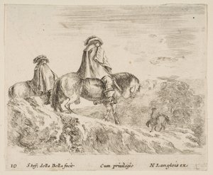 Platte 10: zwei Reiter steigen links einen Berg hinab, ein weiterer Reiter rechts..., ca. 1644-47