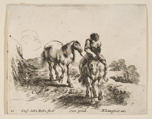 Tafel 11: ein junger Reiter, von vorne gesehen, führt ein anderes Pferd, aus Diver... von Stefano della Bella