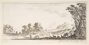 Platte 11: Schäferin sitzt rechts unter einem Baum und beobachtet ihre Herde links, ca. 1641