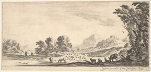 Tafel 11: Schäferin sitzt rechts unter einem Baum und beobachtet ihre Herde links, ca. 1641