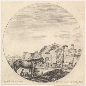 Tafel 12: ein schlafender Hirte auf dem Boden rechts, drei Pferde links, andere h..., ca. 1643-48