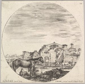 Tafel 12: Ein schlafender Hirte auf dem Boden rechts, drei Pferde links, andere h..., ca. 1643-48