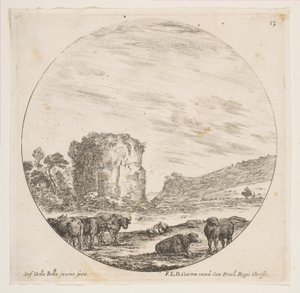 Platte 13: Ruinen eines Tempels in einer römischen Landschaft, aus Römische Landschaften und Ruinen, ca. 1646