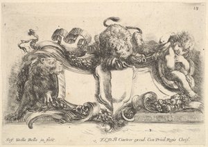 Platte 18: ein Kartusche mit einem leeren Wappen, zwei Löwinnen, eine links und eine in der Mitte, 1646