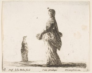 Tafel 18: eine Adlige, die nach links mit einem Federfächer geht, eine andere Frau, ca. 1644-47