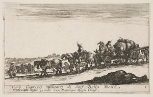 Tafel 1: Ein Pferdewagen, der Menschen und Güter transportiert, totes Pferd im Vordergrund, ca. 1641