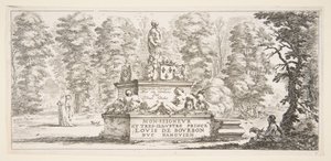 Tafel 1: ein Denkmal mit Statuen und einem Wappen in der Mitte, ein Zeichner auf dem..., ca. 1643