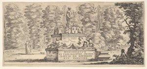 Platte 1: ein Denkmal mit Statuen und einem Wappen in der Mitte, ein Zeichner auf dem..., ca. 1641
