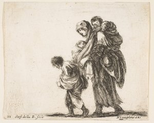 Tafel 22: eine Bettlerin mit drei Kindern, ein Kind auf ihren Schultern (ca. 1644-47) von Stefano della Bella