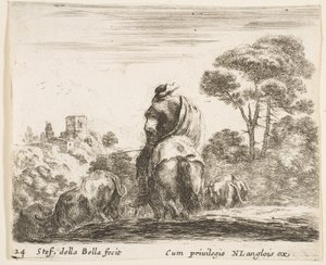 Tafel 24: Hirte auf einem Pferd, von hinten gesehen, führt sein Vieh einen Hügel hinunter, ca. 1644-47 von Stefano della Bella