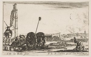 Tafel 2: Eine Kanone links, eine Stadt im Hintergrund, aus Verschiedene militärische Capric... von Stefano della Bella