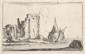 Schiff rechts und Ruderboot links, an Land gespült, Turm in Ruinen von Stefano della Bella