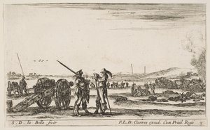 Platte 3: Ein Offizier gibt einem Soldaten im Vordergrund Befehle, Kanone links, f...