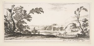Tafel 3: zwei Reiter überqueren einen Fluss nach rechts, eine Frau mit zwei Körben auf einem Esel, ca. 1641