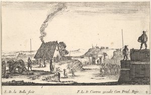 Tafel 4: Ein militärisches Lager mit einem Soldaten, der auf einem Wall steht und schlägt..., ca. 1641 von Stefano della Bella
