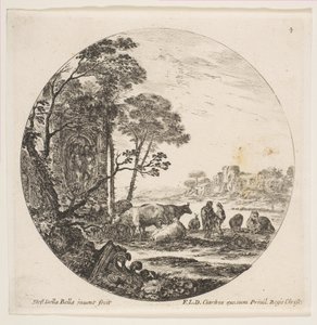 Platte 4: ein korinthisches Kapitell auf dem Boden links, ein Denkmal mit Figuren im Flachrelief, ca. 1646