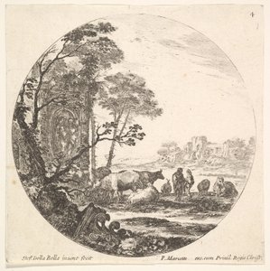 Tafel 4: Ein korinthisches Kapitell auf dem Boden links im Vordergrund, ein Denkmal w..., ca. 1643-48