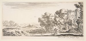Tafel 4: zwei Pilger beobachten Ruinen rechts, einer zeigt nach rechts, ein Hirte..., ca. 1641