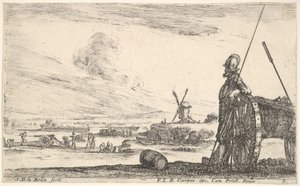 Platte 5: Ein Pikenier steht rechts neben einer Kanone, andere Militärfiguren im Hintergrund, ca. 1641 von Stefano della Bella