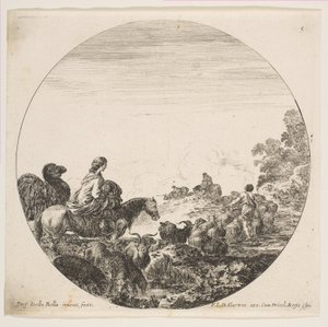 Platte 5: eine Frau trägt ein Kind auf einem Pferd links, ein Kamel folgt ihr, eine Herde von..., ca. 1646 von Stefano della Bella