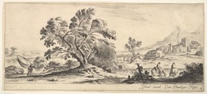 Ein Fischer trägt ein Netz nach links, zwei Reiter in einem Bach rechts, ein Baum..., ca. 1641