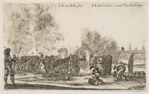 Tafel 6: Batterie von Kanonen, die auf eine Stadt feuern, aus Verschiedene Militärische Kaprizen, ca. 1641