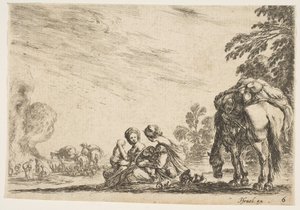 Tafel 6: zwei Frauen, eine stillt ein Kind, sitzen neben einem Hund und einem Pferd mit Packtaschen, 1642