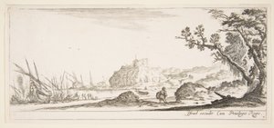 Tafel 7: Verschiedene Boote am Ufer links, ein Mann trägt eine Tasche, von hinten gesehen, ca. 1641 von Stefano della Bella