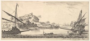 Tafel 8: Der Bug einer Galeere links und eine andere Galeere rechts, von hinten gesehen, ca. 1641 von Stefano della Bella