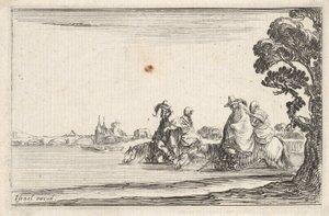 Tafel 8: zwei Reiter mit Hüten rechts, jeder mit einer Frau hinter sich, reitend von Stefano della Bella