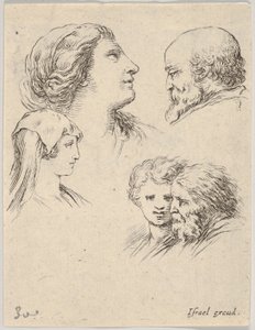 Fünf Köpfe, zwei junge Frauen links, ein bärtiger Mann oben rechts, eine junge Frau..., ca. 1649
