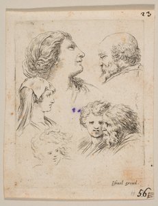 Tafel 9: fünf Köpfe, zwei junge Frauen links, ein bärtiger Mann oben rechts, eine junge Frau..., ca. 1649