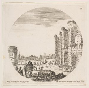 Tafel 9: der Konstantinsbogen links, ein Teil des Kolosseums rechts, verschiedene Pferde..., ca. 1646