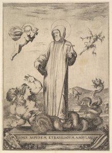 Heiliger Jean Gualbert, der ein Monster mit zwei menschlichen Köpfen und einem schlangenartigen Körper zertritt, ein fliegendes Wesen, 1640 von Stefano della Bella
