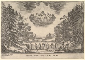 Zweite Szene im Wald der Diana, aus Die Hochzeit der Götter Le nozze degli Dei, 1637 von Stefano della Bella