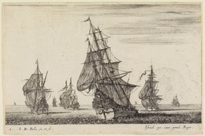 Seestücke: Segel setzendes Schiff im Vordergrund, weitere im Hintergrund von Stefano della Bella