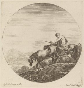 Hirte auf einem Pferd treibt eine Herde verschiedener Tiere von Stefano della Bella