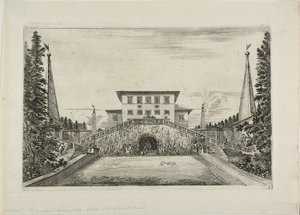 Südliche Fassade der Villa und die große Wiese, aus Ansichten der Villa Pratolino von Stefano della Bella