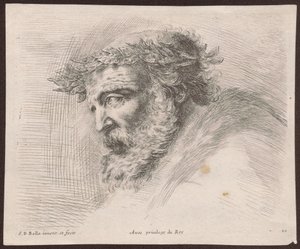 Studie eines bärtigen alten Mannes im Lorbeerkranz, im Profil nach links, aus dem Zyklus "Principii del disegno" von Stefano della Bella