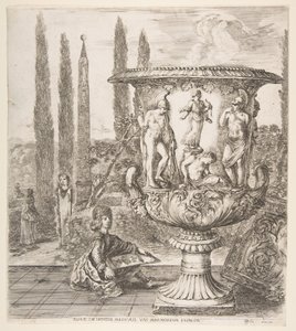 Die Medici-Vase, eine große Vase rechts, dekoriert mit einer Darstellung des Opfers von Stefano della Bella