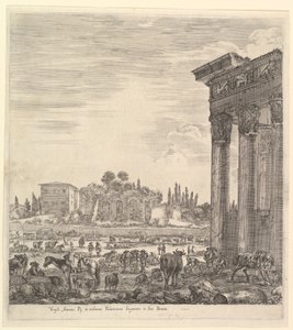 Die Säulen des Tempels des Antoninus rechts, ein Teil des Campo Vaccino in der Mitte, 1656