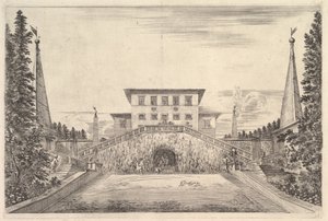 Die Villa mit vier Obelisken, einer Treppe zu beiden Seiten, einer Statue..., ca. 1653 von Stefano della Bella