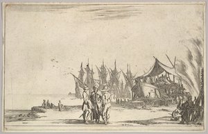 Drei Männer mit Hüten in der Mitte, Männer reparieren ein Schiff rechts, fünf Schiffe und verschiedene von Stefano della Bella