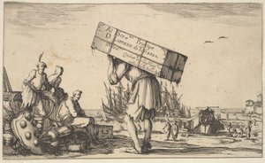 Titelseite: ein Mann trägt einen Koffer auf dem Rücken in der Mitte, drei Männer schauen zu ihm, 1639 von Stefano della Bella