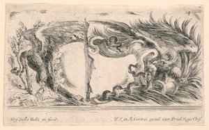 Zwei Hälften von Wappenschilden, Nr. 14 aus "Raccolta di varii cappriccii et nove inventioni di cartelle et ornamenti"