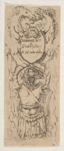 Zwei Pferdeköpfe rahmen ein Schild, ca. 1653 von Stefano della Bella