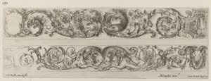 Zwei Zierbänder mit gegenüberliegenden Köpfen von Löwe und Adler und zwei Widdern, wahrscheinlich 1648