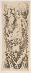 Zwei geflügelte Kinder, deren Körper sich in Ornament verwandeln und Seifenblasen blasen, ca. 1653