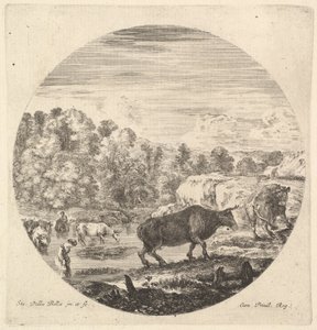 Zwei Kühe in der Mitte, gefolgt von zwei Bäuerinnen und anderen Kühen im Fluss, ca. 1643-48